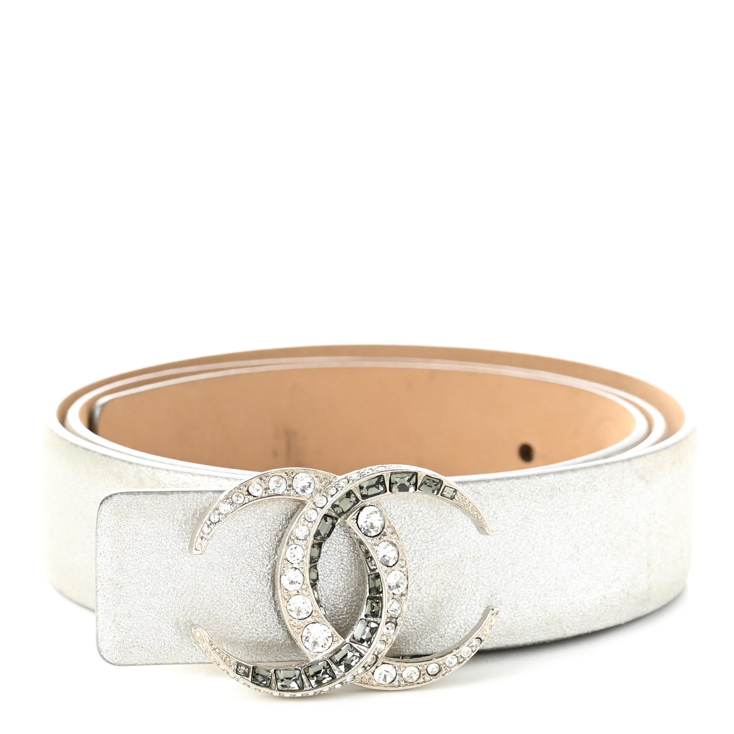 Metallic Calfskin Baguette Crystal CC Belt 80 32 Silver