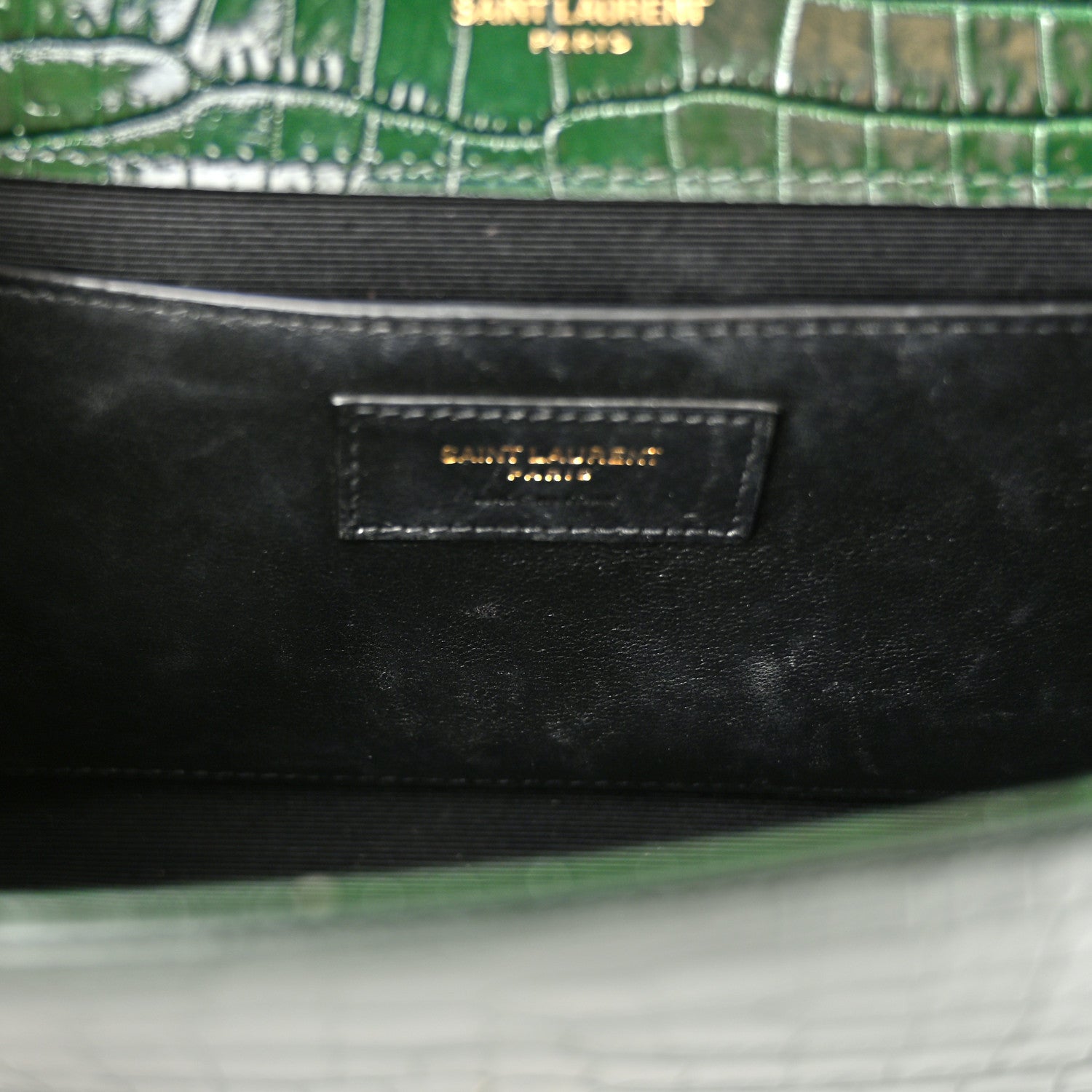 Saint Laurent Calfskin Crocodile Embossed Medium Classic Monogram Kate Tassel Satchel Dark Mint 11 of 13