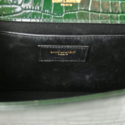 Saint Laurent Calfskin Crocodile Embossed Medium Classic Monogram Kate Tassel Satchel Dark Mint 11 of 13