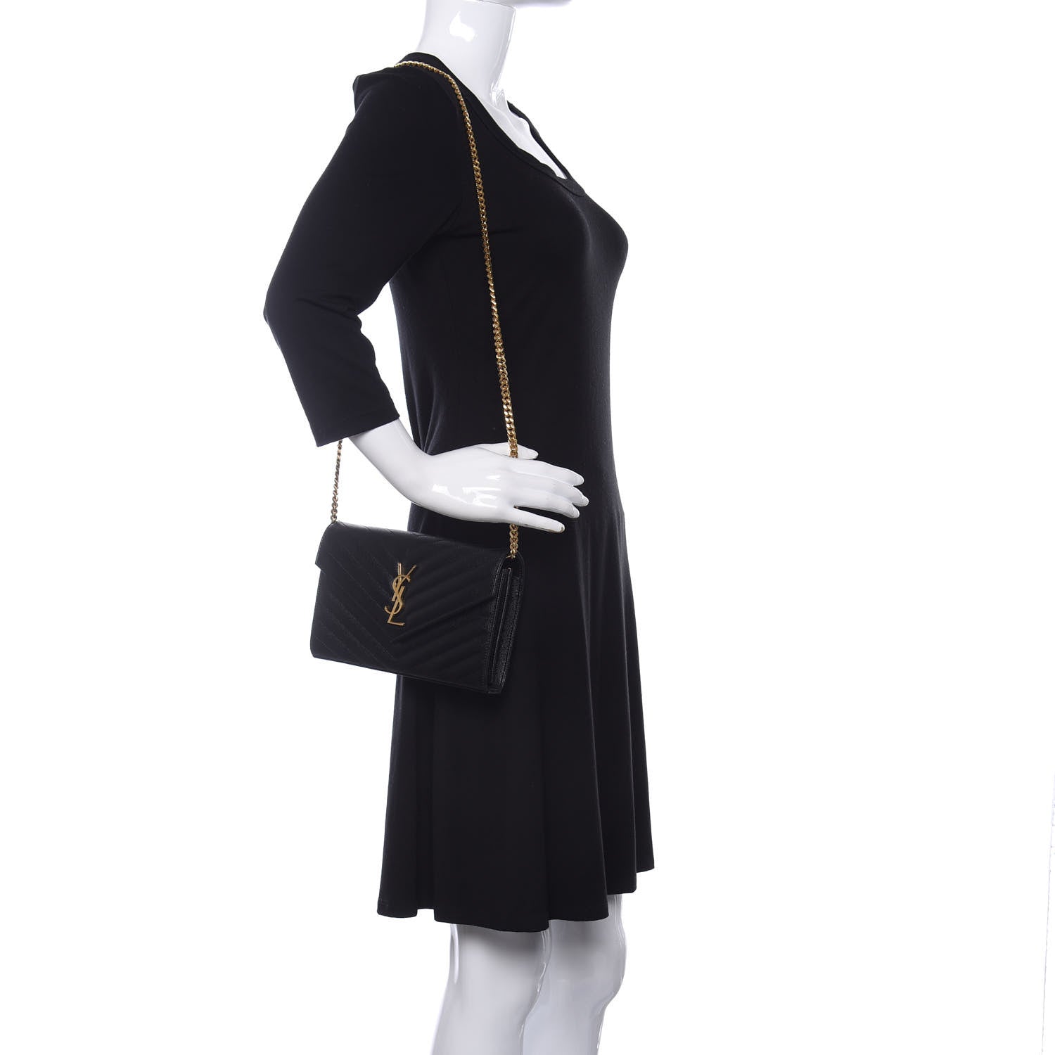 Saint Laurent Grain De Poudre Matelasse Chevron Monogram Chain Wallet Black 2 of 12