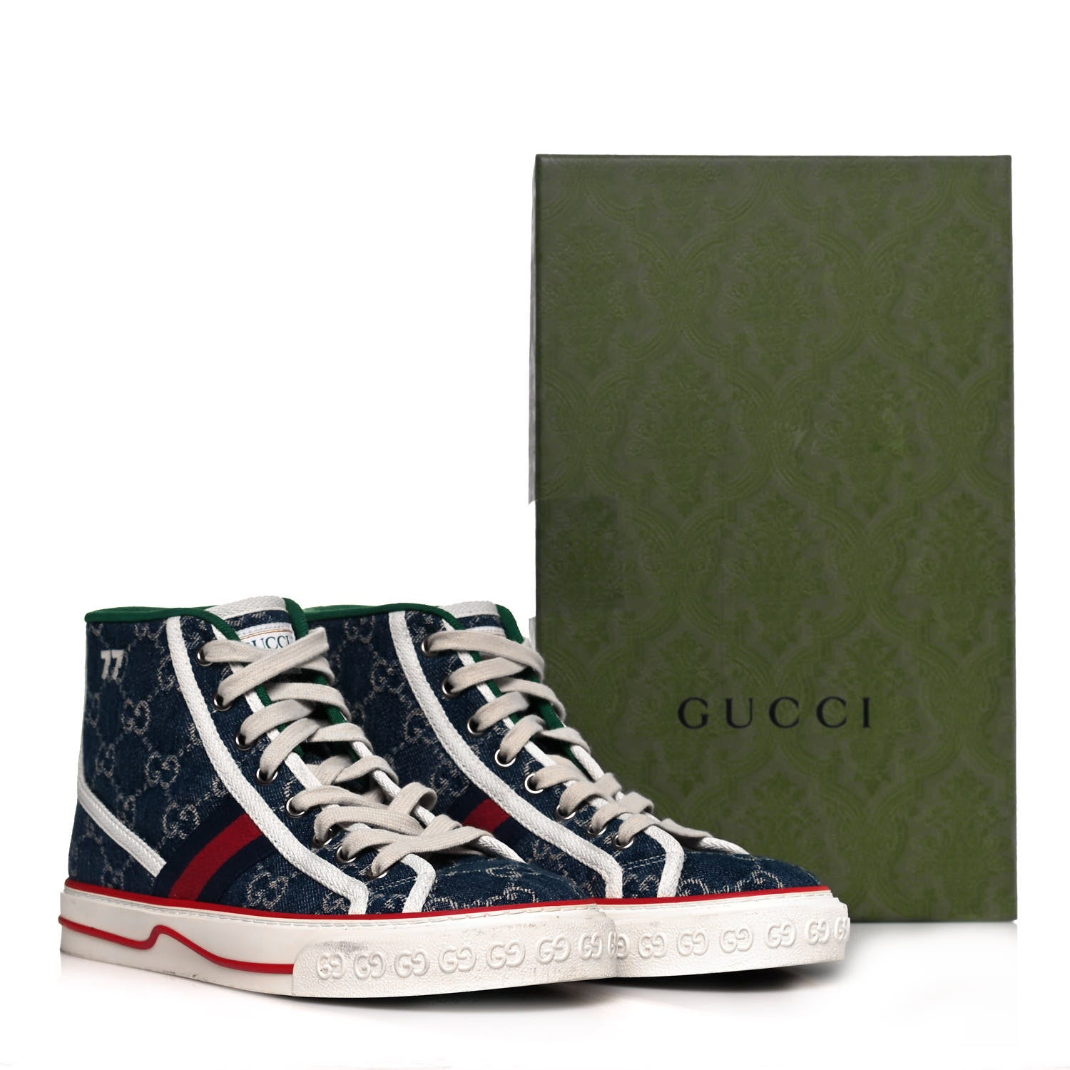 Gucci New Denim GG Monogram Web Womens 1977 Tennis High Top Sneakers 37.5 Blue Tea Mystic White 10 of 10