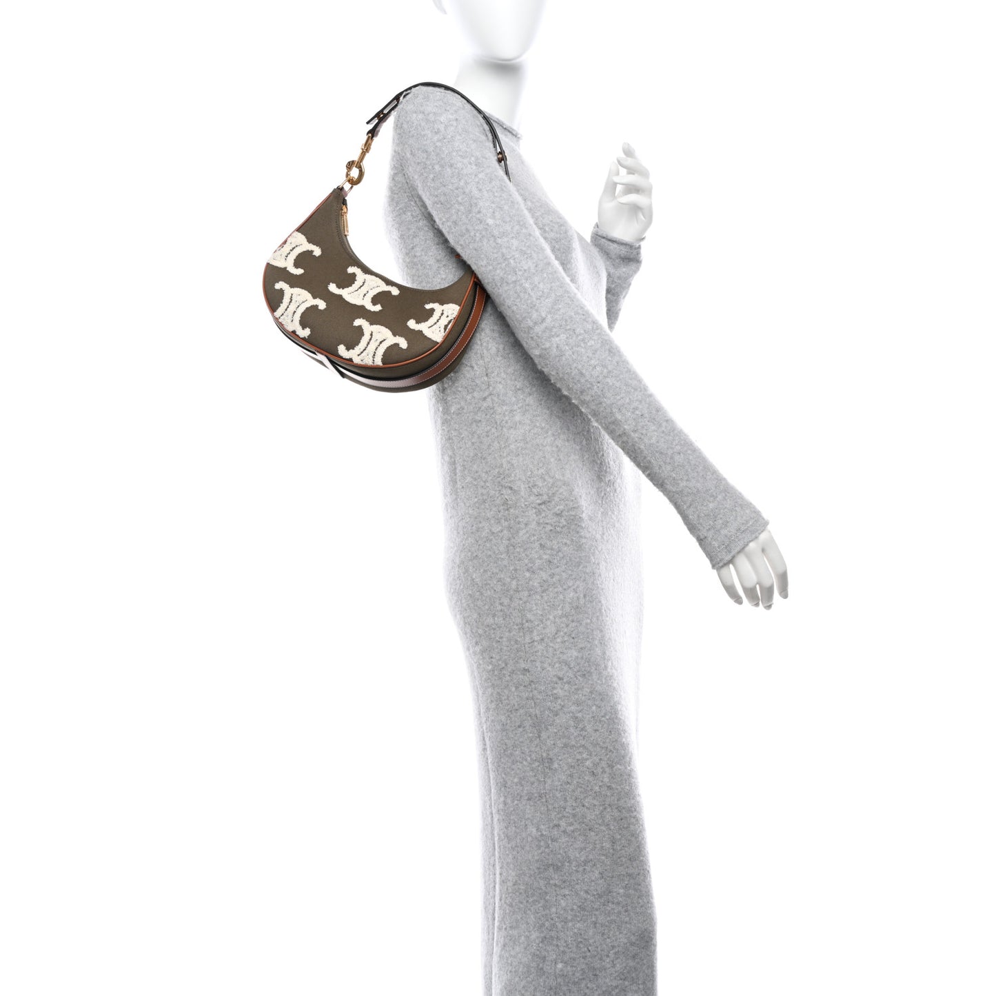 Cotton Gabardine Bouclette Embroidered Medium Strap Ava Triomphe Shoulder Bag Khaki Tan