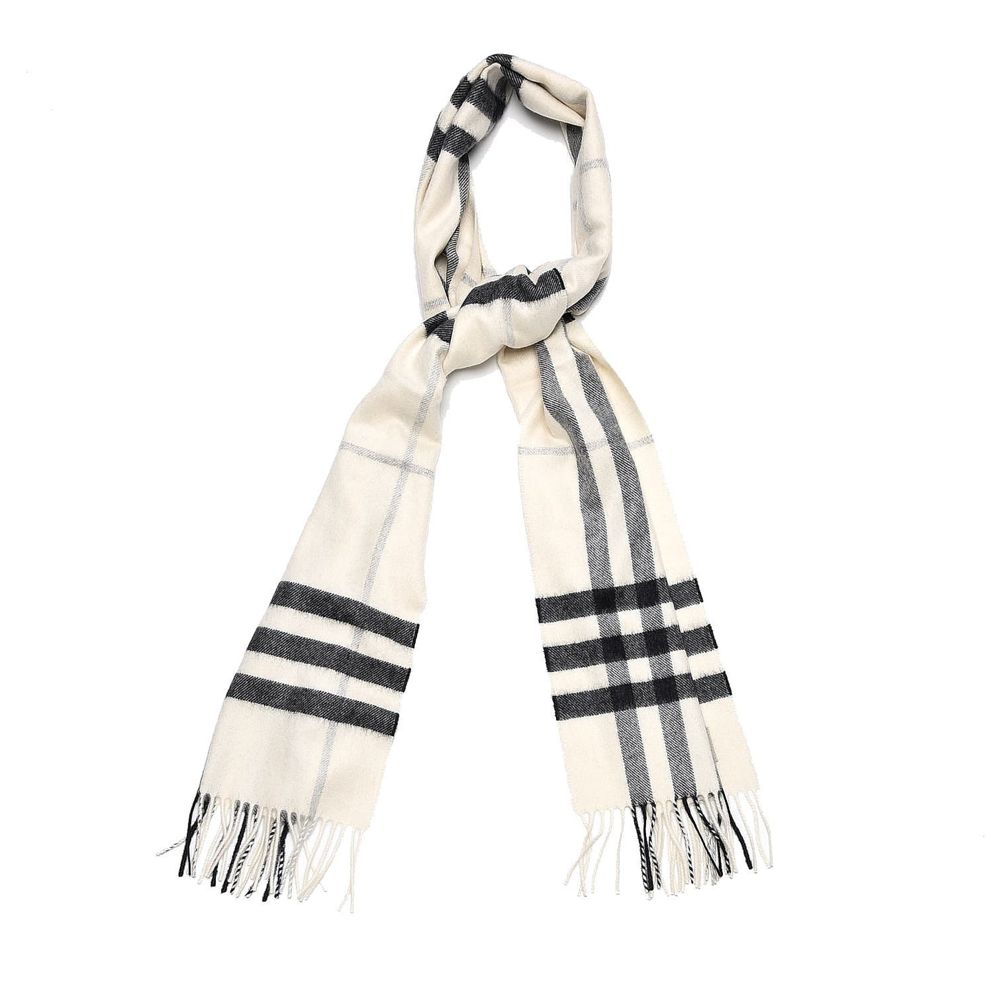 Cashmere Giant Check Fringe Scarf Natural White