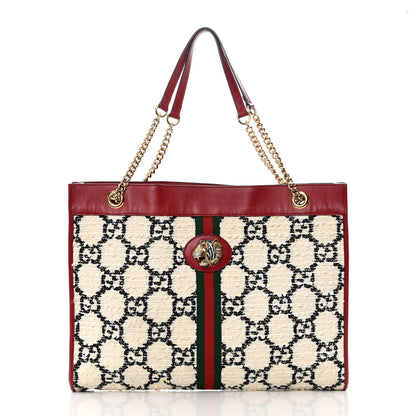 Gucci Tweed GG Monogram Large Rajah Chain Tote White Black Romantic Cherry 3 of 19