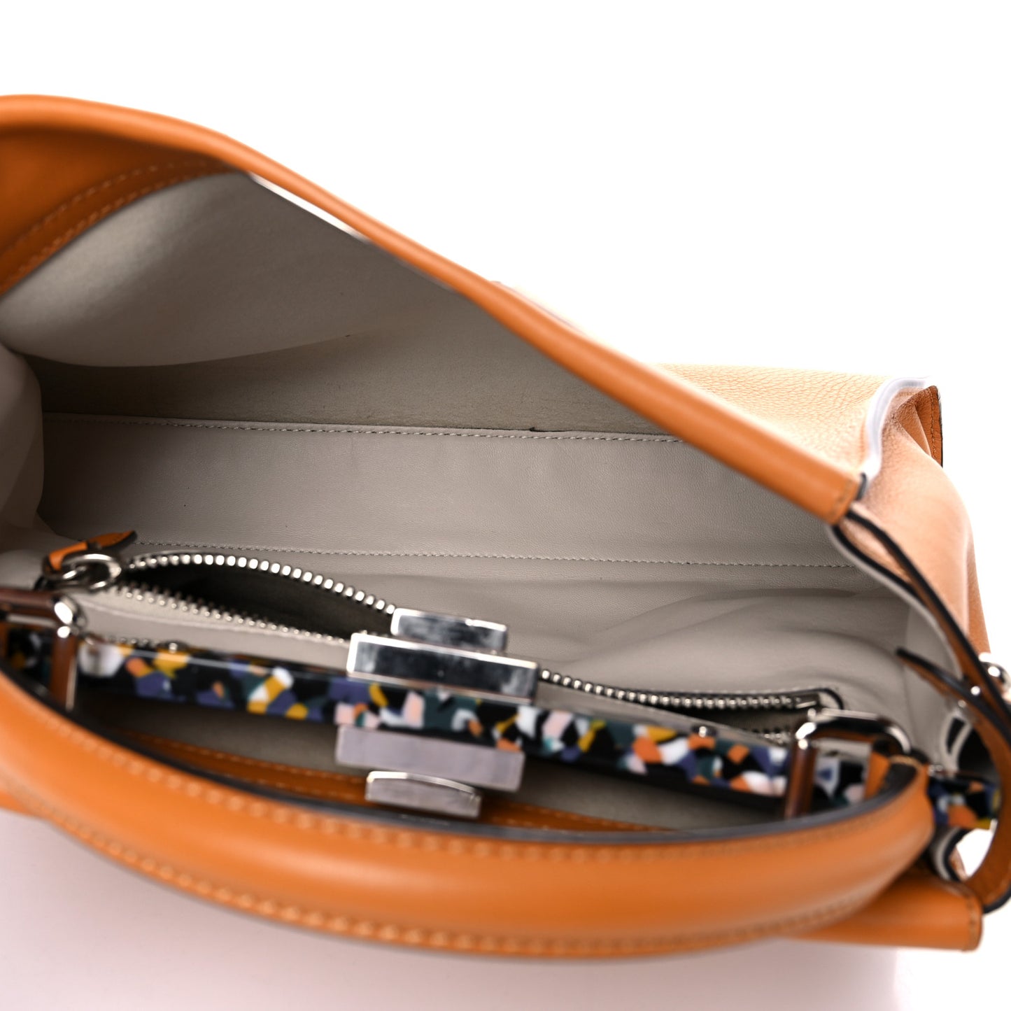 Vitello Seta Shiny Nappa Plexiglass Granite Medium Peekaboo Iconic Satchel Ginger Latte