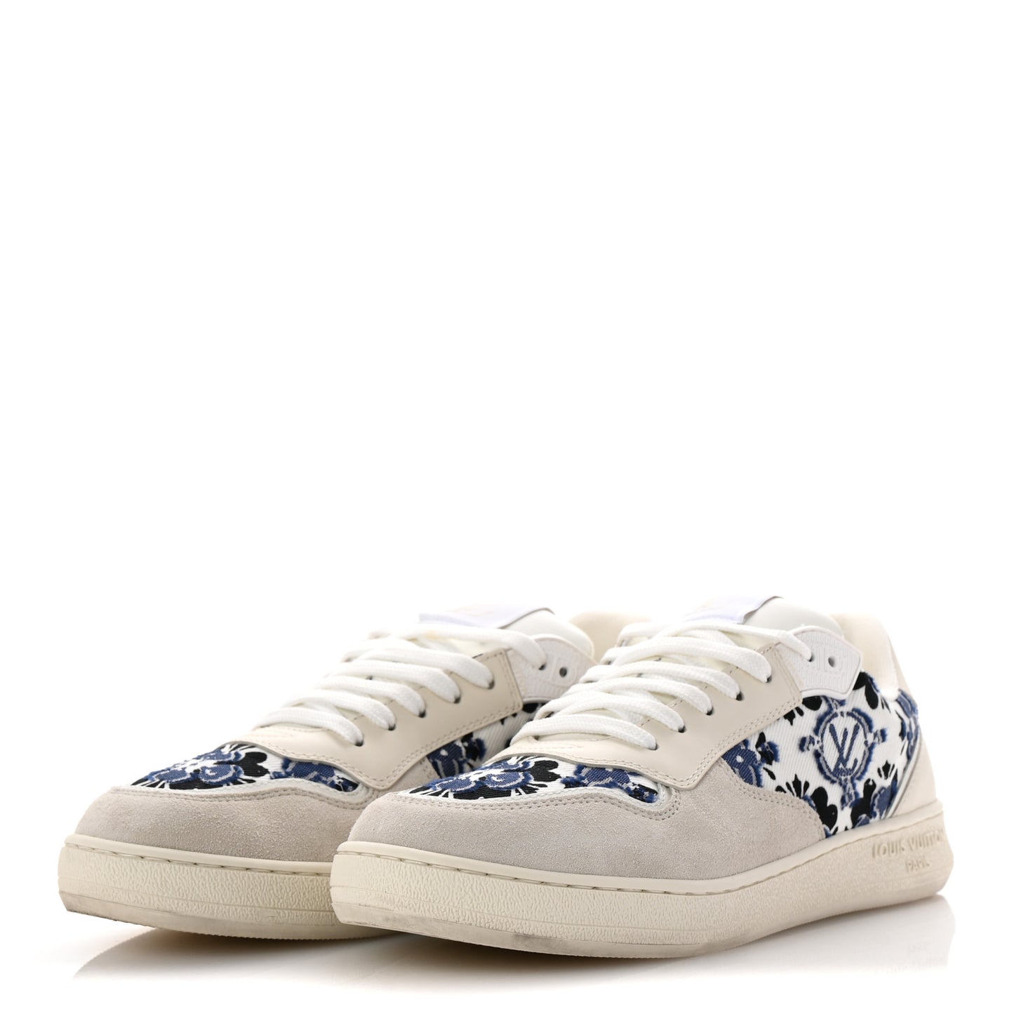 Suede Calfskin Floral LV Stadium Low Top Sneaker 37.5 White Blue