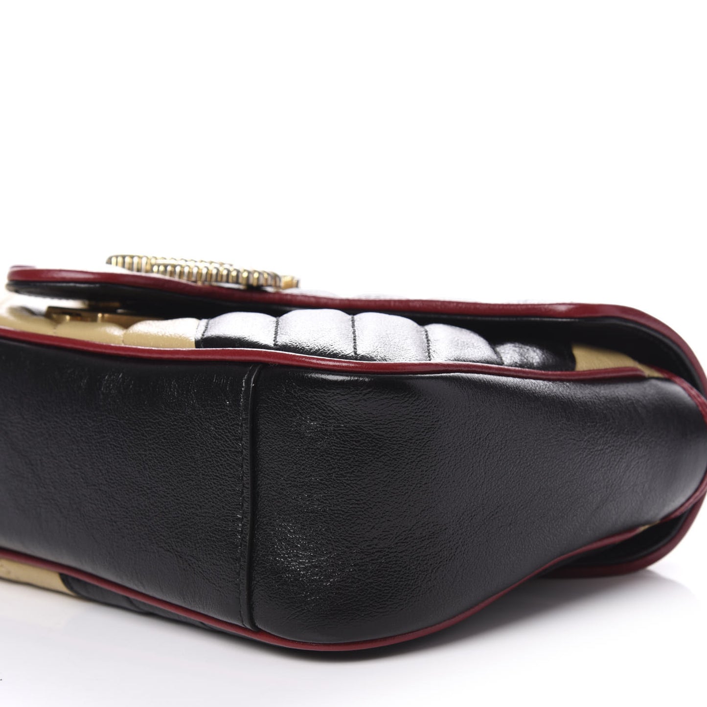 Vintage Effect Calfskin Matelasse Diagonal Striped Small Torchon GG Marmont Shoulder Bag Black Beige