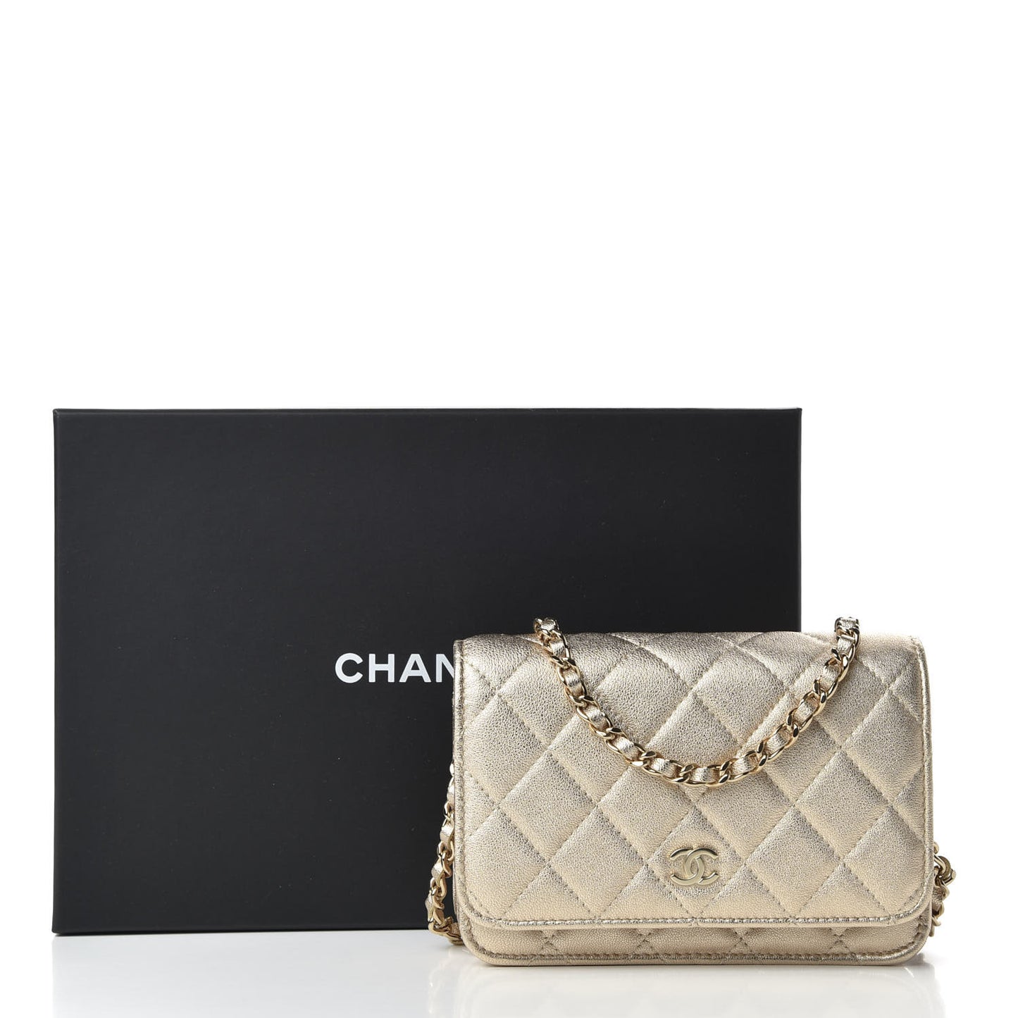 Metallic Lambskin Quilted Mini Wallet On Chain WOC Gold