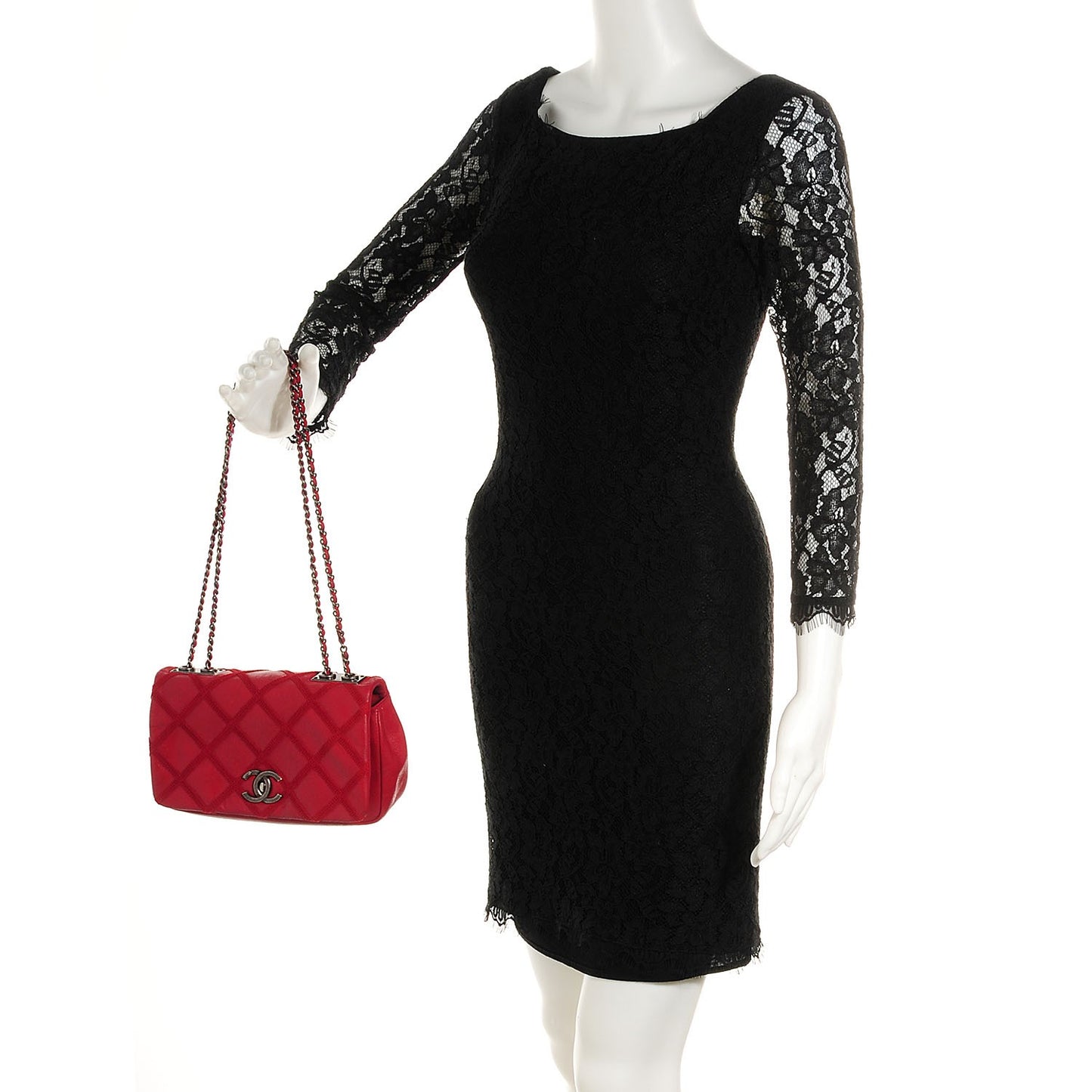 Iridescent Calfskin Diamond Embroidered Small Flap Red