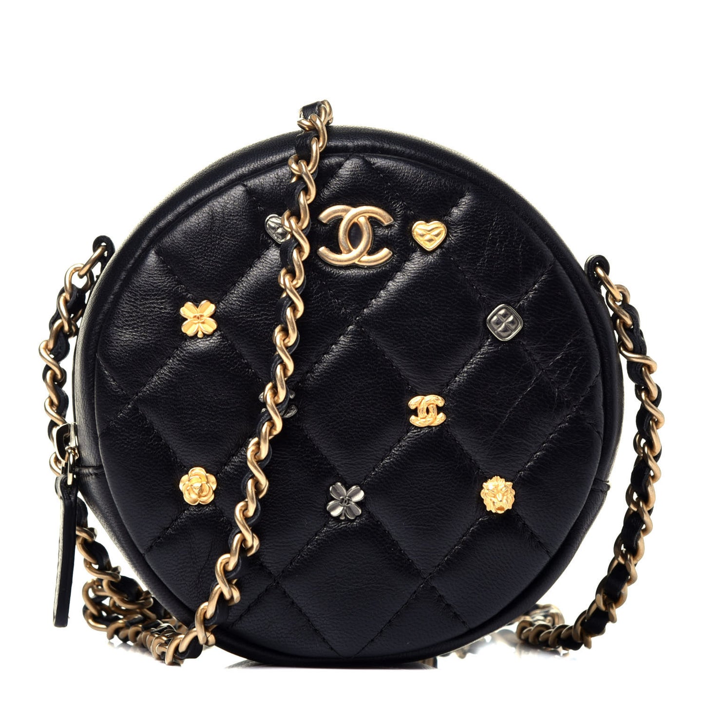 Lambskin Quilted Studded Round Clutch With Chain Black