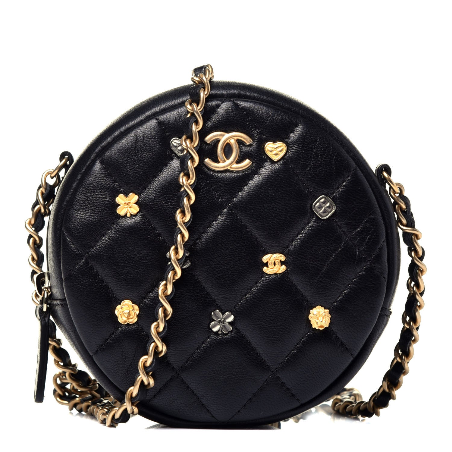 Chanel Lambskin Quilted Studded Round Clutch With Chain Black 1 of 9
