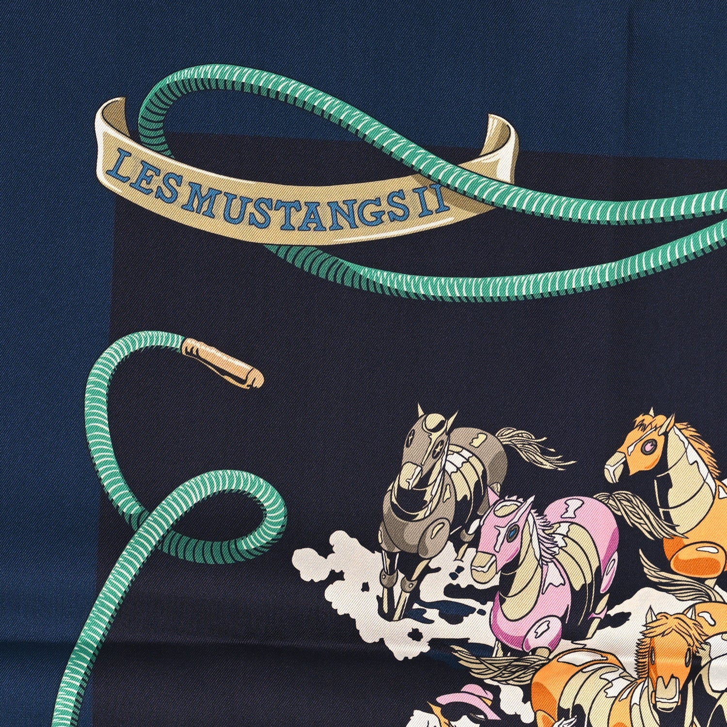 Hermes Silk Les Mustangs Double Face Scarf 90 Bleu Noir Mandarine 5 of 5