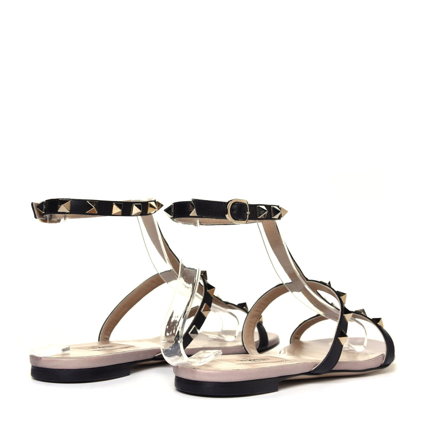 Calfskin Rockstud Ankle Strap Flat Sandals 36.5 Black Poudre