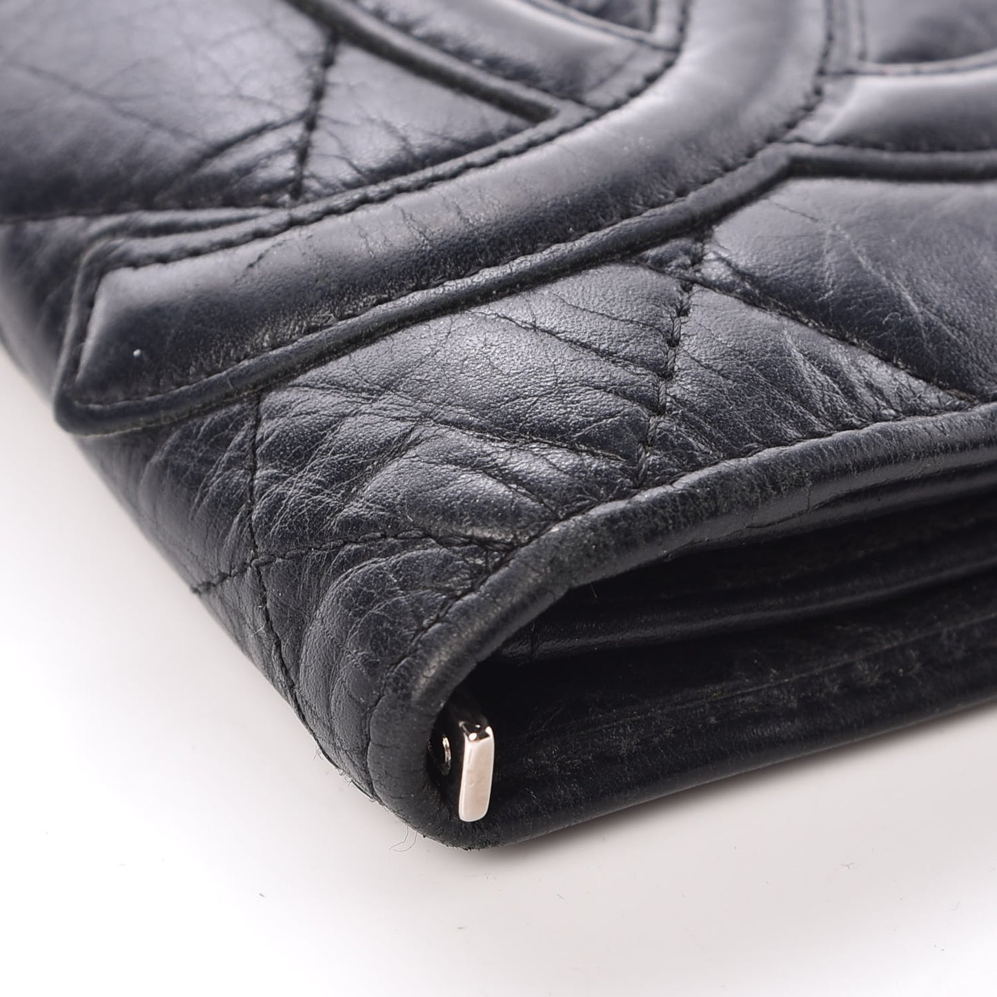 Aged Calfskin Quilted Cambon Yen Wallet Black