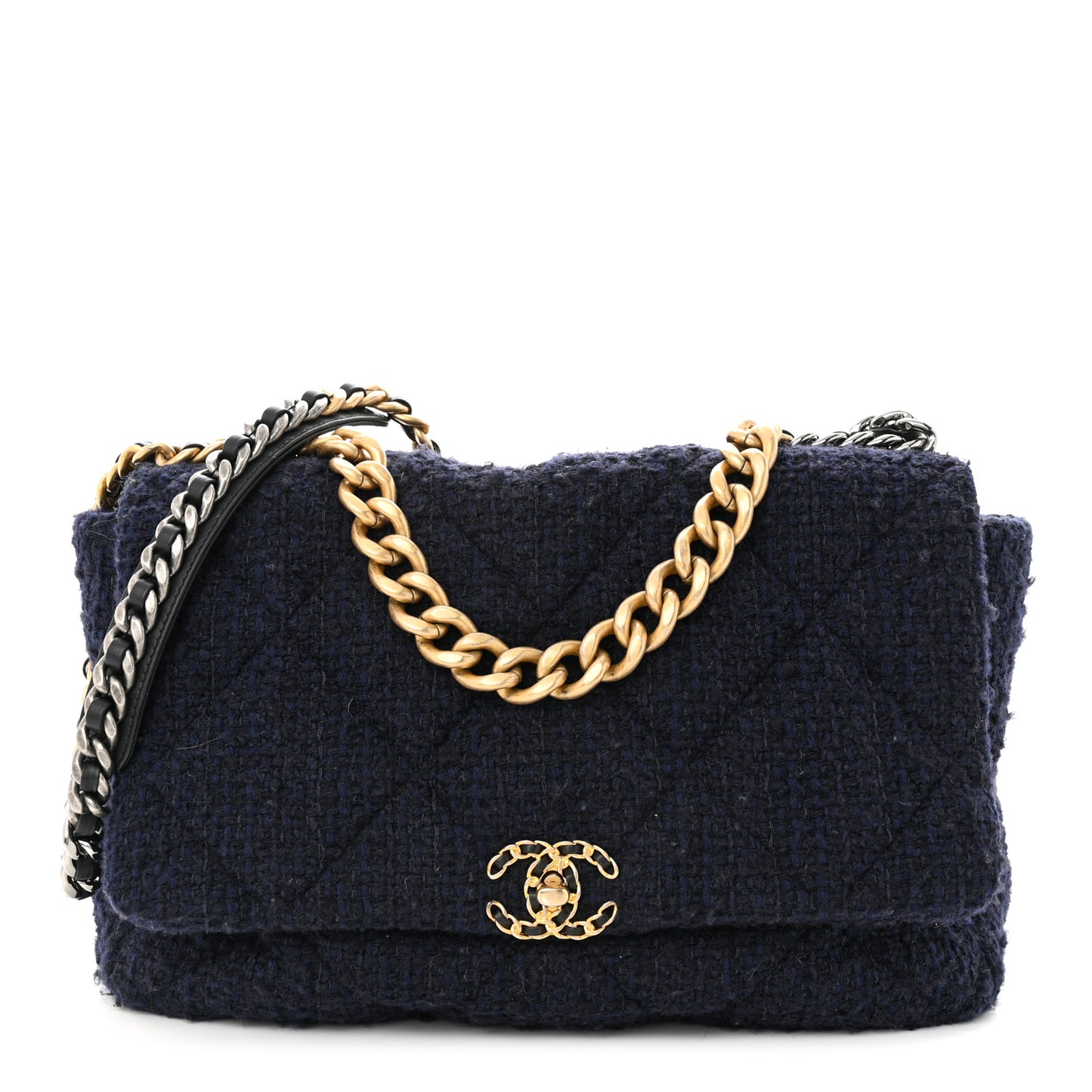 Tweed Quilted Maxi Chanel 19 Flap Navy