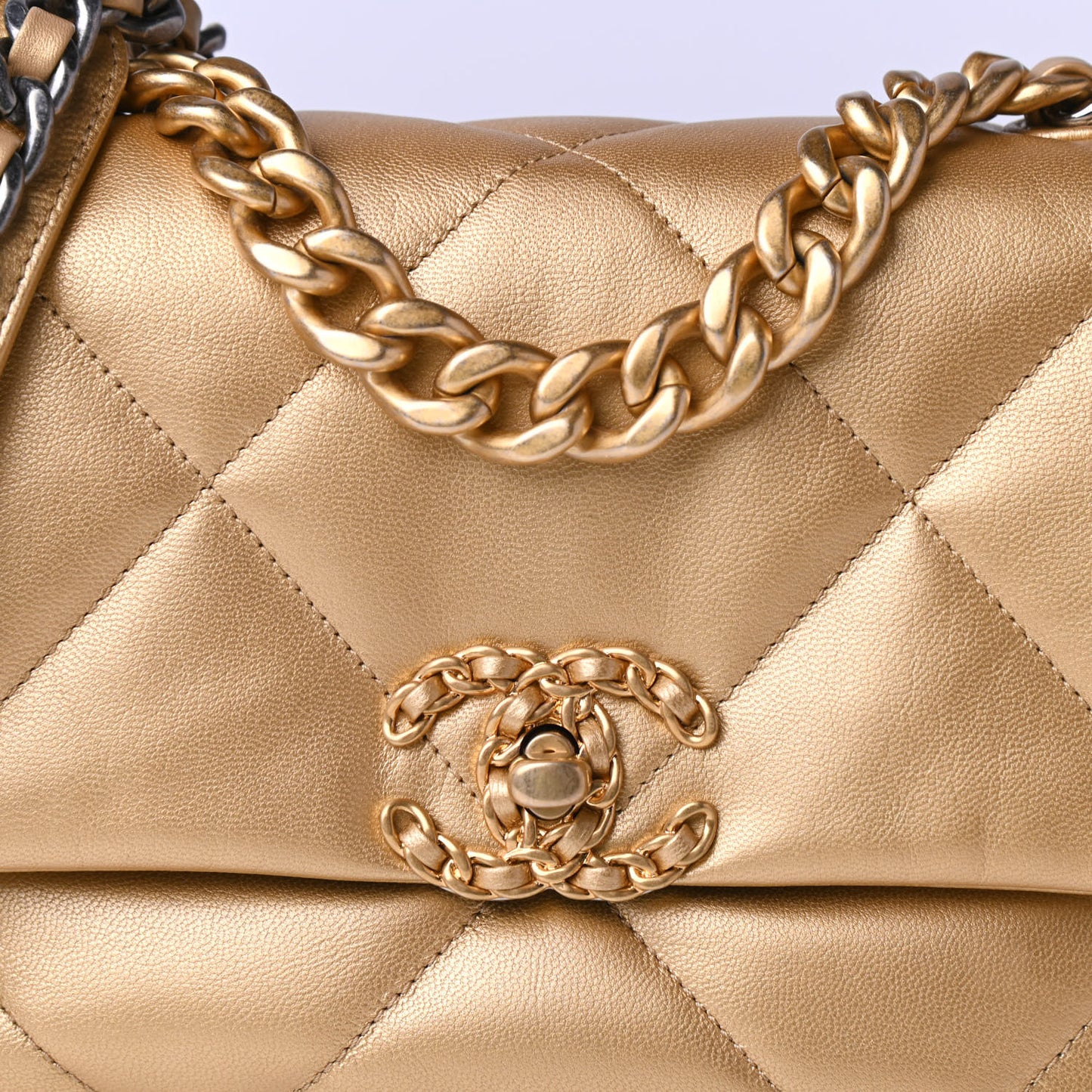 Metallic Goatskin Quilted Medium Chanel 19 Flap Gold