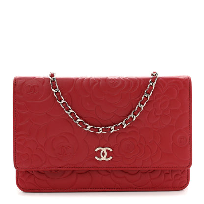 Chanel Lambskin Camellia Embossed Wallet On Chain WOC Red 1 of 12
