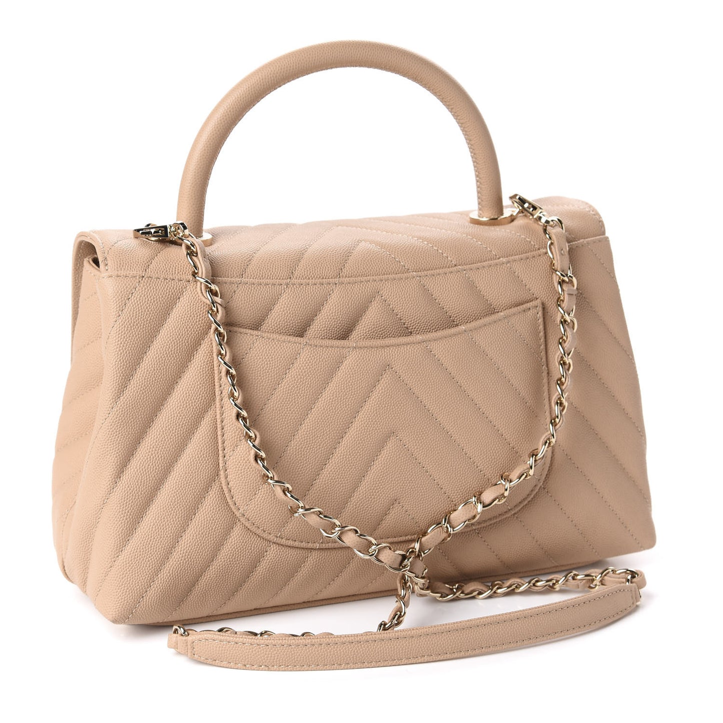 Caviar Chevron Quilted Small Coco Handle Flap Beige