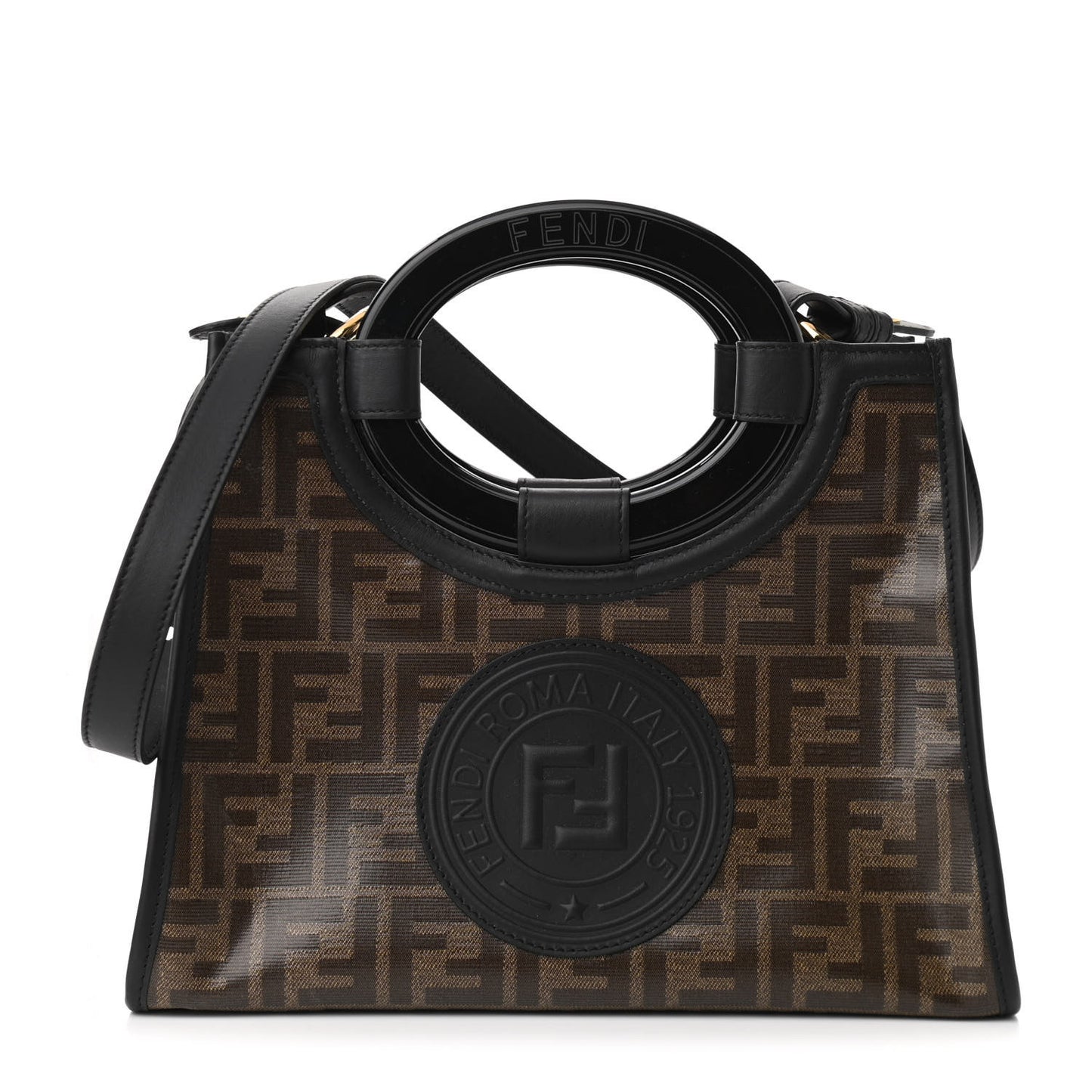 Glazed Fabric Vitello Century Plexiglass FF 1974 Stamp Patch Small Runaway Shopper Tote Mogano Panna Black
