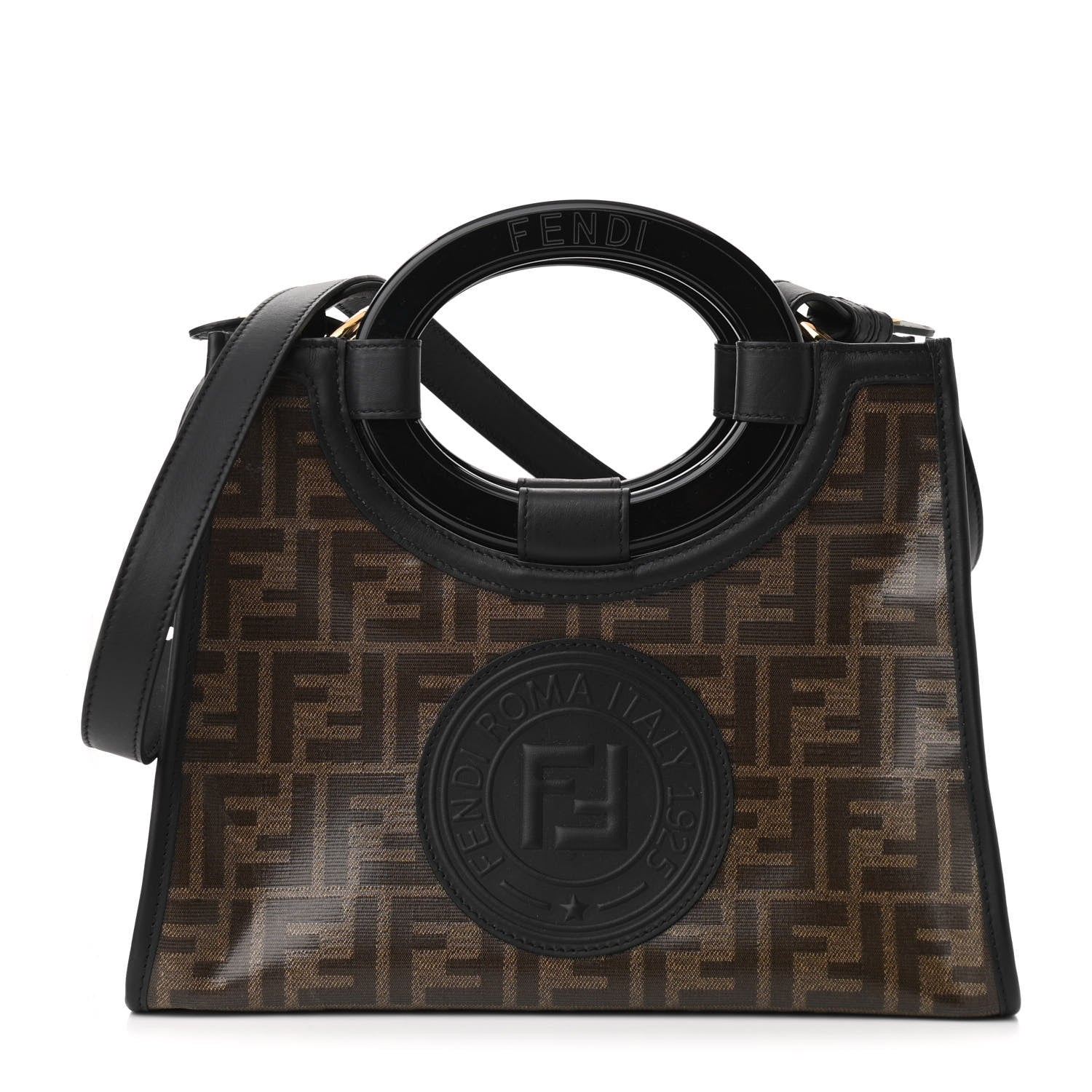 Fendi Glazed Fabric Vitello Century Plexiglass FF 1974 Stamp Patch Small Runaway Shopper Tote Mogano Panna Black 1 of 10