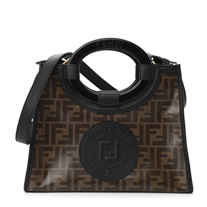 Fendi Glazed Fabric Vitello Century Plexiglass FF 1974 Stamp Patch Small Runaway Shopper Tote Mogano Panna Black 1 of 10