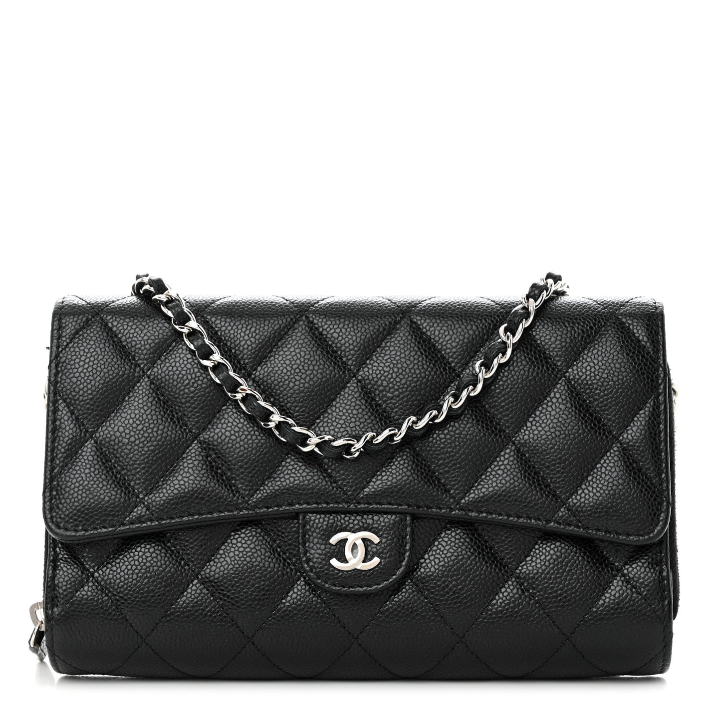 Caviar Quilted Phone Holder Wallet on Removable Chain Black
