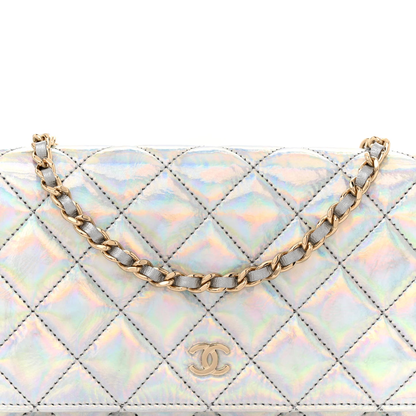 Iridescent Goatskin Quilted Wallet On Chain WOC Silver