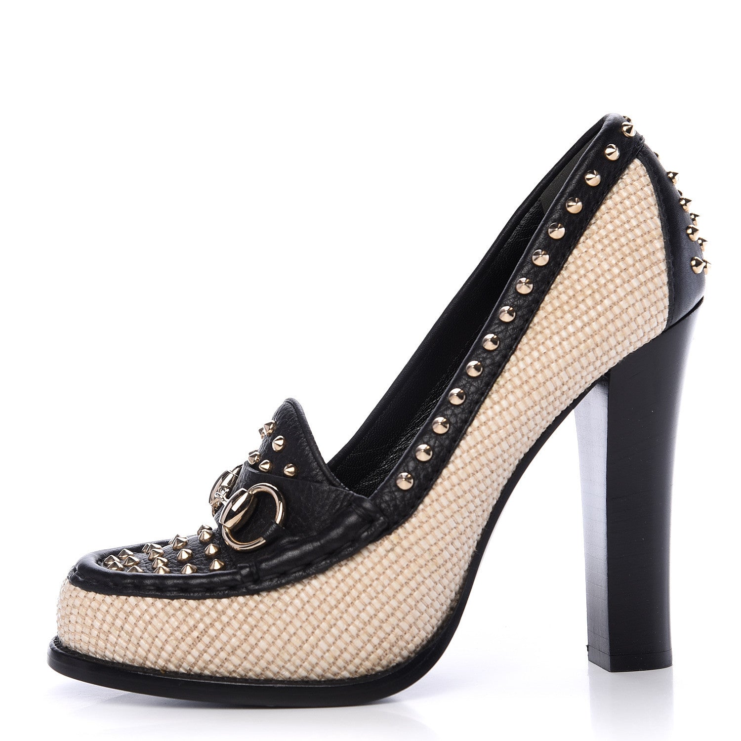 Gucci Calfskin Canvas Studded Horsebit Alyssa Pumps 38 Black Ivory 1 of 11