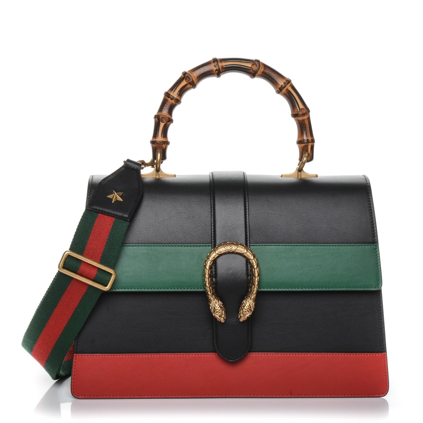 Calfskin Bamboo Web Large Dionysus Top Handle Bag Black Bright Evergreen Hibiscus Red