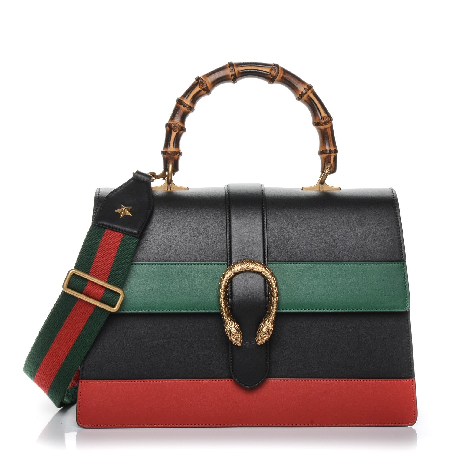Gucci Calfskin Bamboo Web Large Dionysus Top Handle Bag Black Bright Evergreen Hibiscus Red 1 of 6