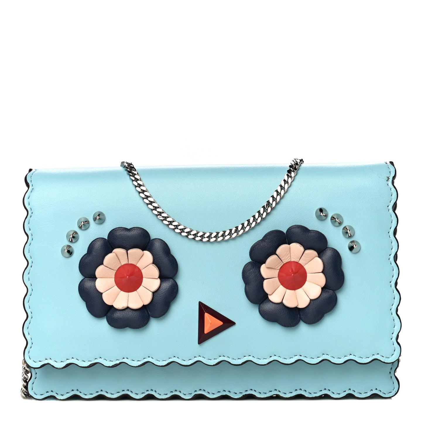 Vitello Century Lucido Nappa Hypnoteyes Scalloped Studded Tube Wallet on Chain Turchese Pallido Blueberry Multicolor