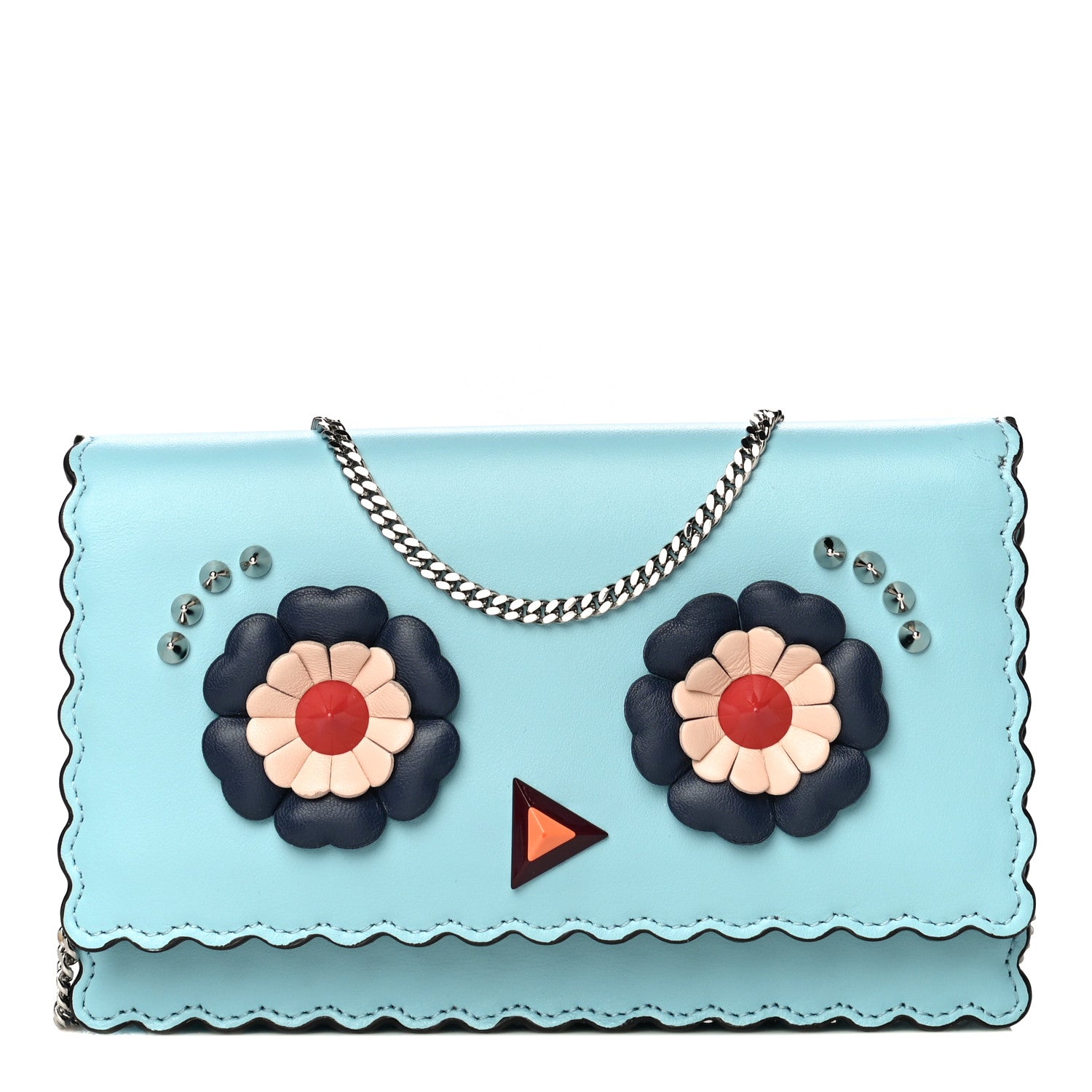 Fendi Vitello Century Lucido Nappa Hypnoteyes Scalloped Studded Tube Wallet on Chain Turchese Pallido Blueberry Multicolor 1 of 14