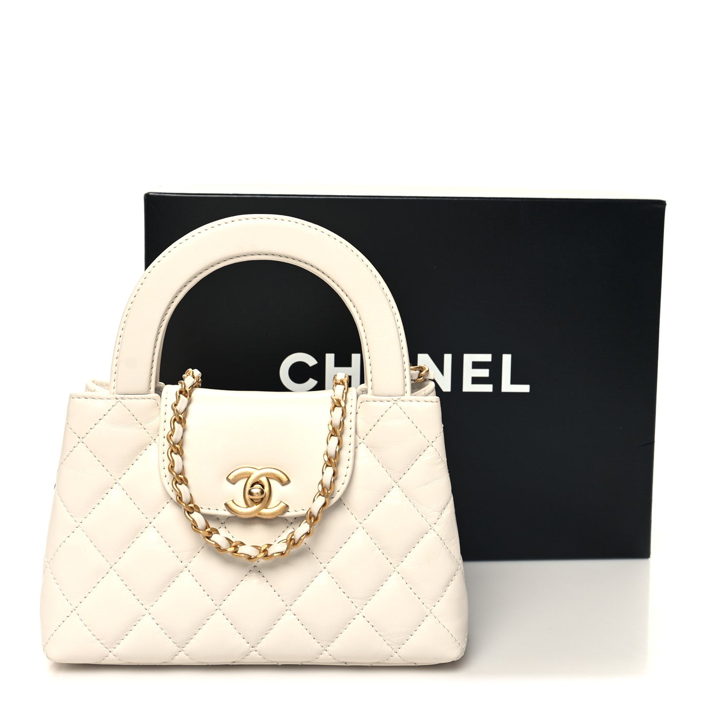 Shiny Aged Calfskin Quilted Nano Kelly Shopper White