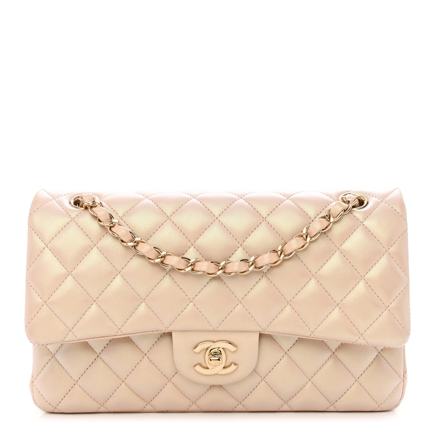 Iridescent Calfskin Quilted Medium Double Flap Beige