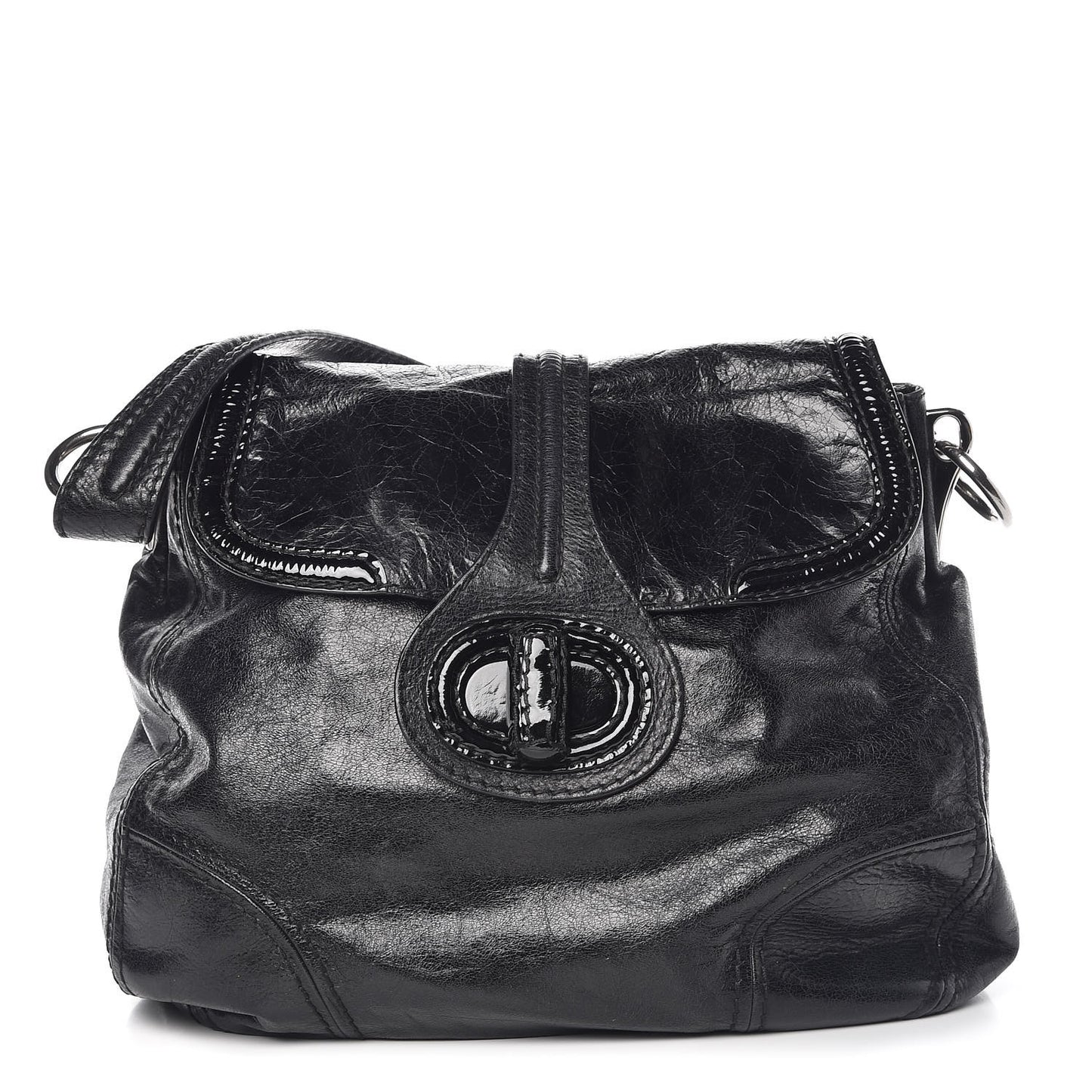 Vitello Shine Turnlock Flap Shoulder Bag Black