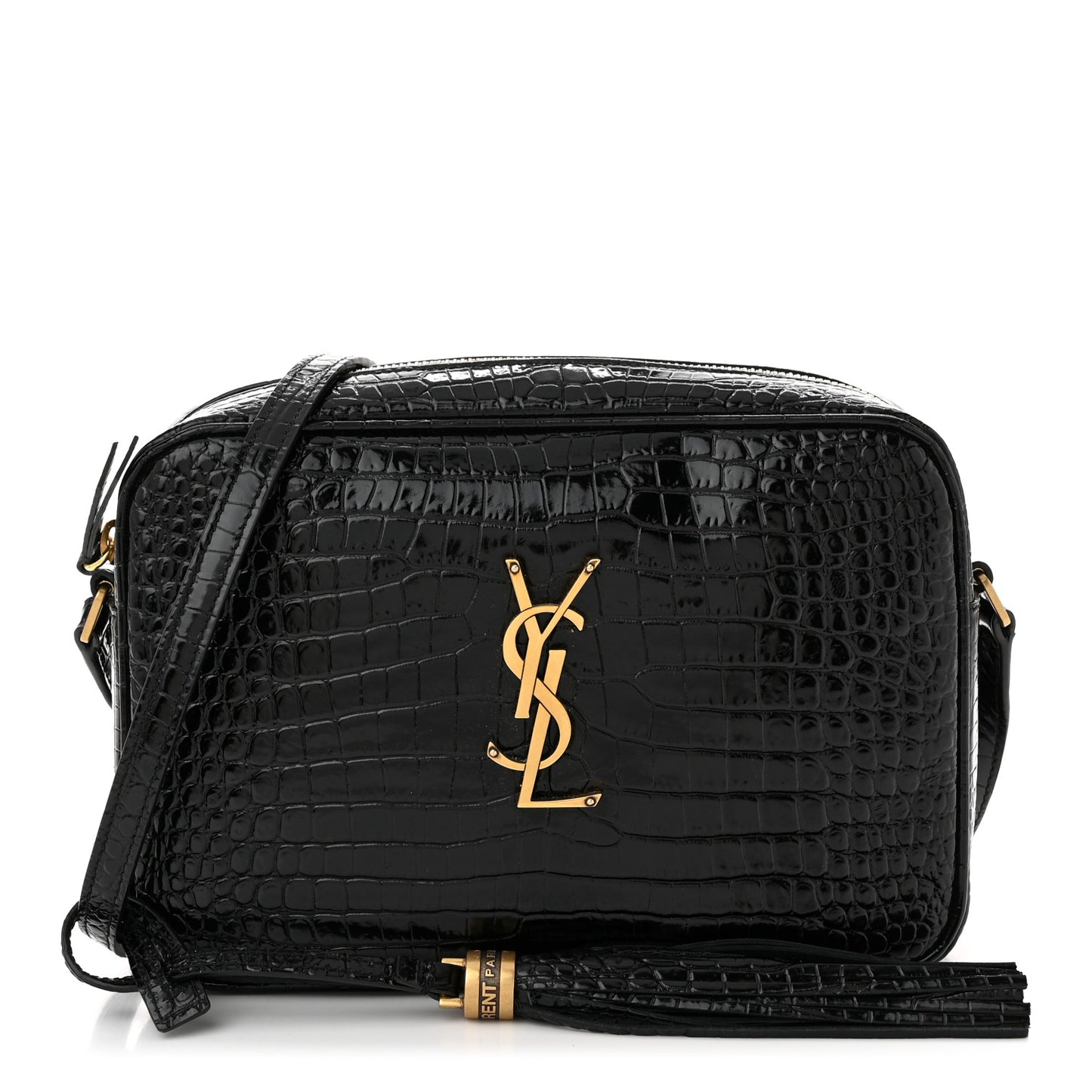 Patent Calfskin Crocodile Embossed Monogram Lou Camera Bag Black