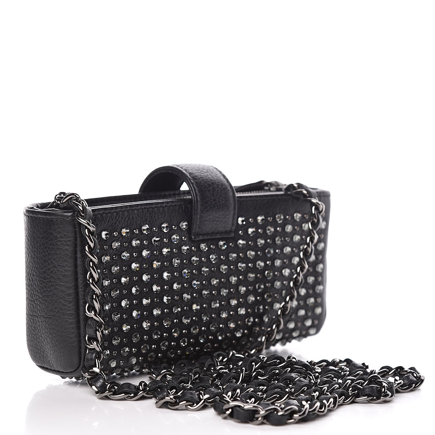 Chanel Calfskin Strass Studded Mini Phone Holder Clutch Black 3 of 14