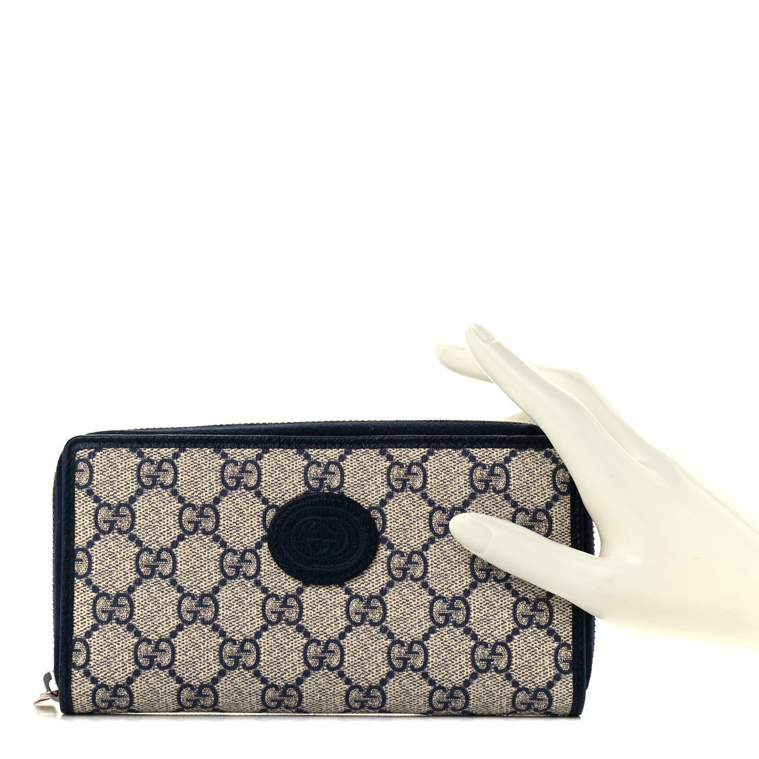Gucci GG Supreme Monogram Textured Dollar Calfskin Retro Interlocking G Zip Around Wallet Beige Blue 2 of 8
