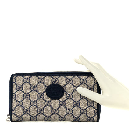 Gucci GG Supreme Monogram Textured Dollar Calfskin Retro Interlocking G Zip Around Wallet Beige Blue 2 of 8