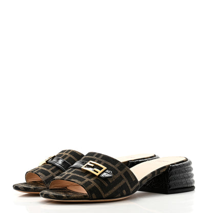 Fendi Jacquard Calfskin FF Crocodile Embossed Promenade Slide Sandals 38 Tobacco Moro Black 3 of 10