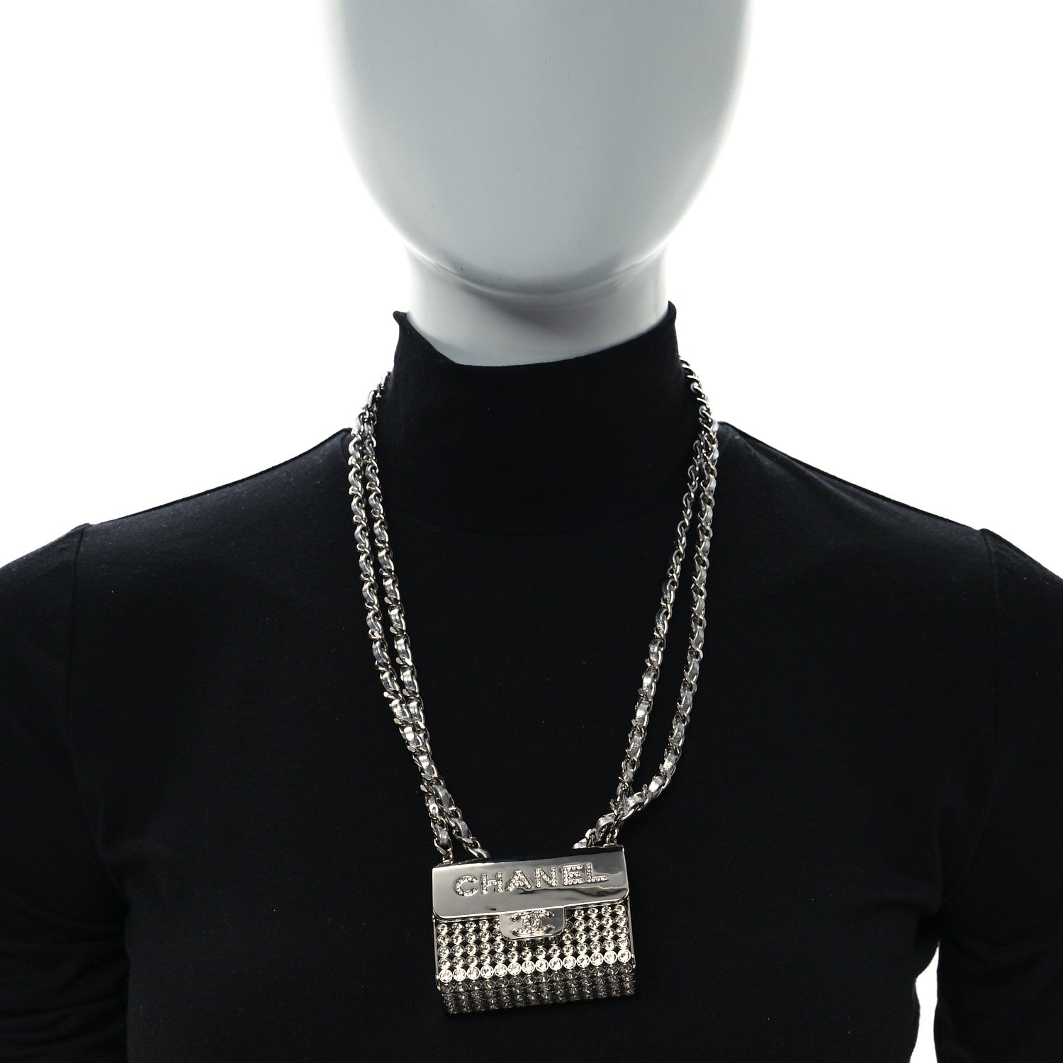 Chanel Metal Lambskin Strass Crystal Purse CC Long Necklace Silver 2 of 5