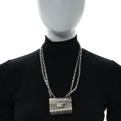 Chanel Metal Lambskin Strass Crystal Purse CC Long Necklace Silver 2 of 5