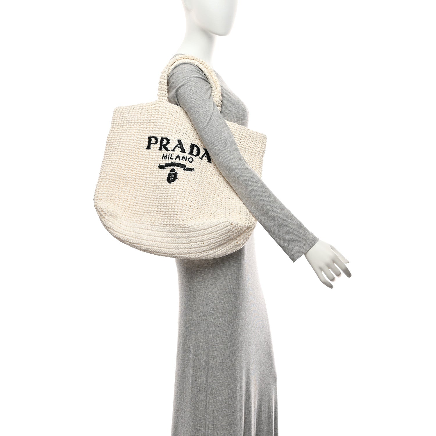Prada Yarn Raffia Effect Crochet Embroidered Large Logo Tote White 2 of 10