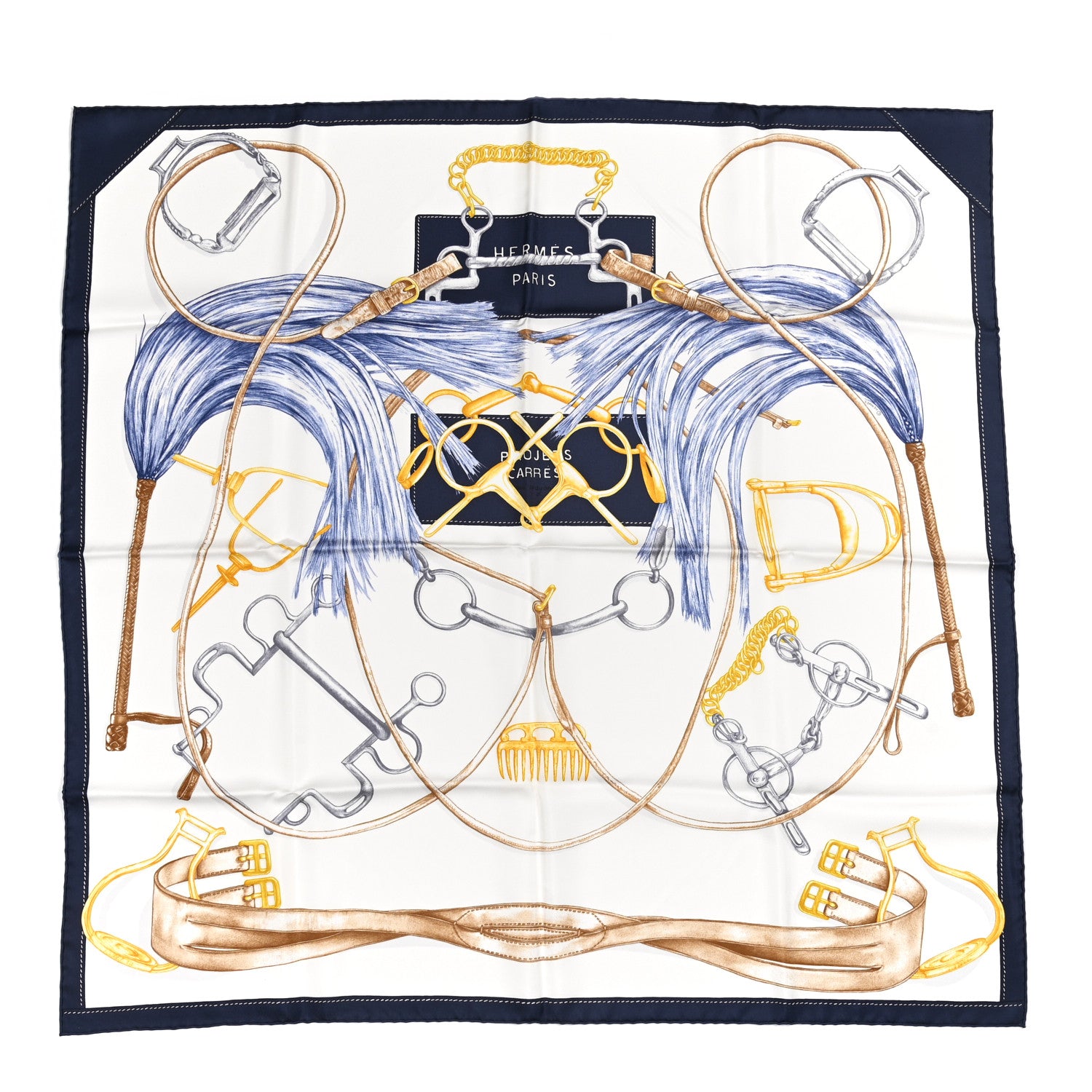 Hermes Silk Projets Carres Au Crayon Scarf 90 Bleu Marine White Indigo 1 of 5