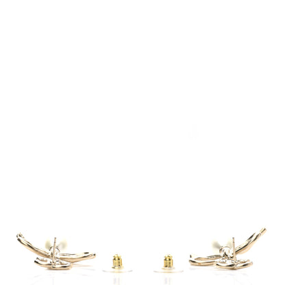 Chanel Pearl Crystal CC Bow Drop Earrings Gold Pearly White 3 of 4