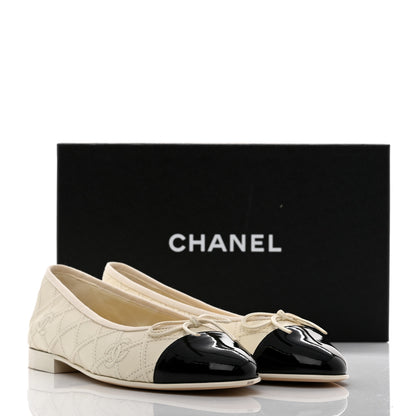 Chanel Lambskin Patent Double Stitched CC Cap Toe Ballerina Flats 39 Ivory Black 14 of 16