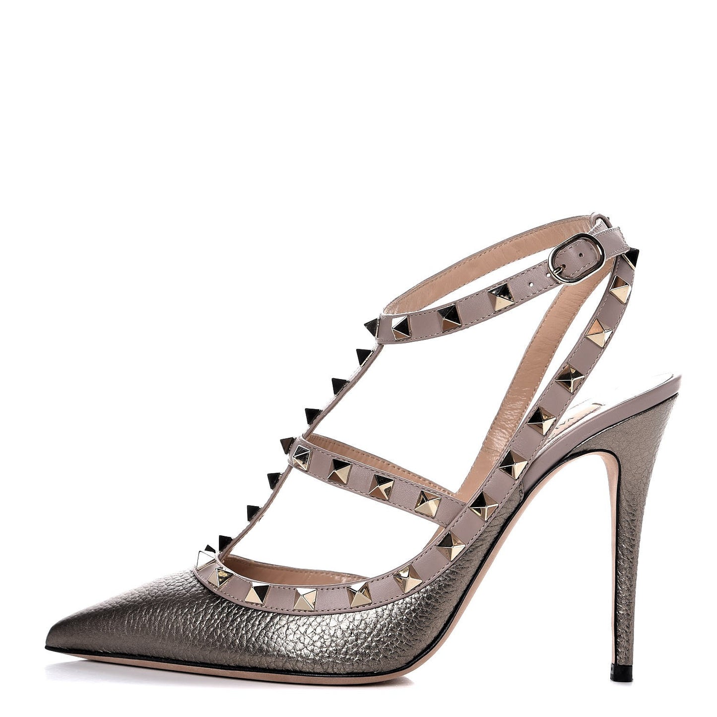 Metallic Pebbled Calfskin Rockstud Ankle Strap 100mm Pumps 39 Sasso Poudre