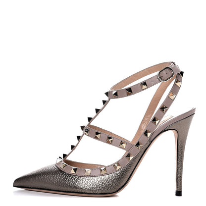 Valentino Garavani Metallic Pebbled Calfskin Rockstud Ankle Strap 100mm Pumps 39 Sasso Poudre 1 of 9