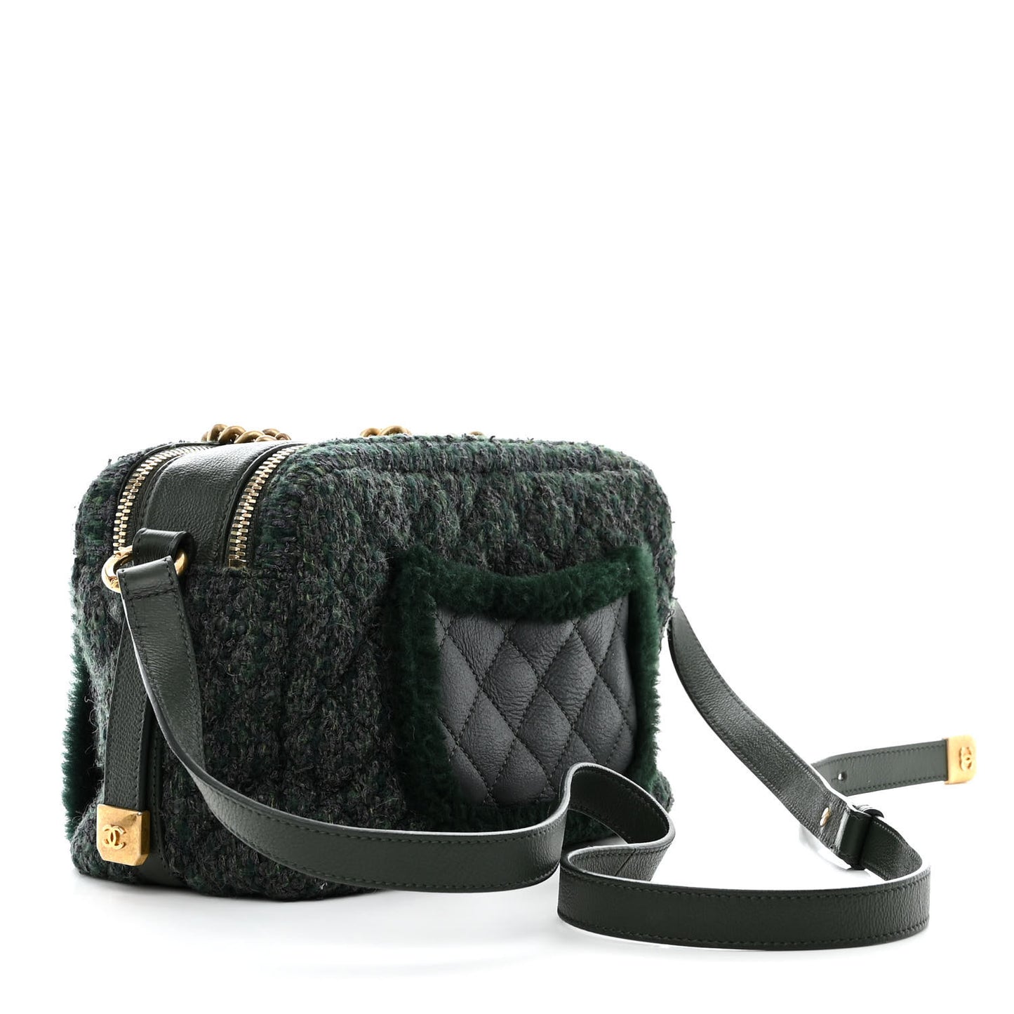 Tweed Shearling Grained Calfskin Camera Case Green