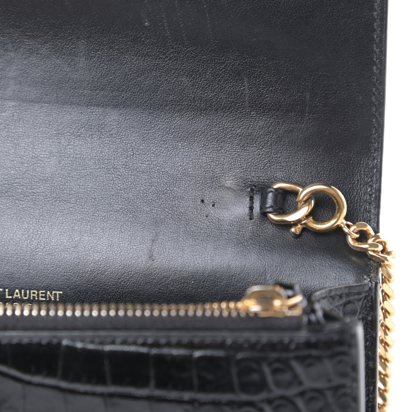 Calfskin Crocodile Embossed Kate Monogram Tassel Chain Wallet Black